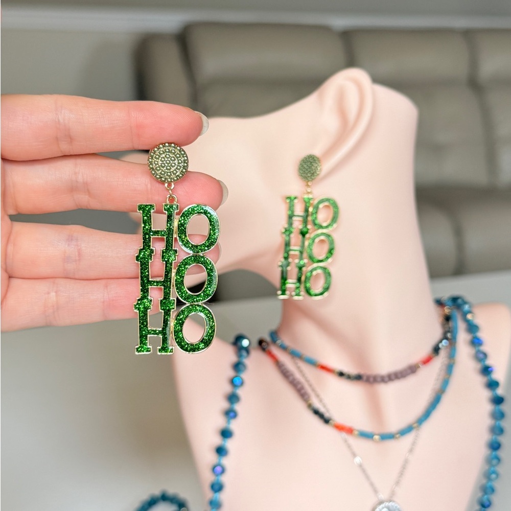 Green 'HO HO HO' Glitter Drop Earrings - Picture 3 of 9